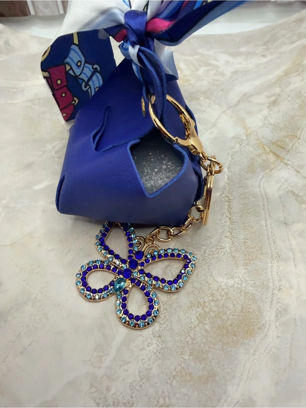 Blue Floral Scarf Keychain with Gold Flower Charm